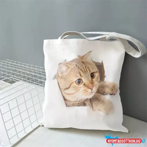 Kirobbanó cica vászon bevásárlótáska