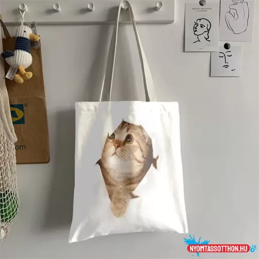 Kirobbanó cica vászon bevásárlótáska