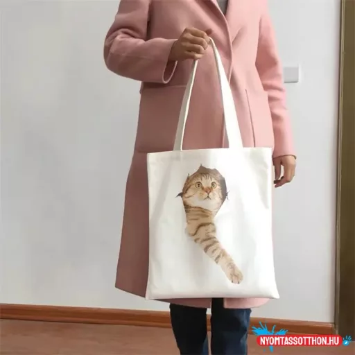 Kirobbanó cica vászon bevásárlótáska