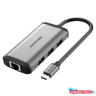   Vention USB-C -> HDMI/3*USB3.0/RJ45/PD, ( 6-1,szürke), 0,15m, konverter
