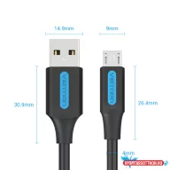   Vention USB-A 2.0/M ->  Micro B/M, 0,25m, (3A, fekete), kábel