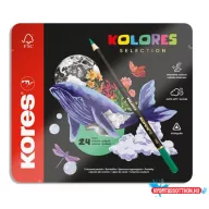   Színes ceruza készlet, háromszögletű, fém doboz, KORES "Kolores Selection", 24 különböző szín
