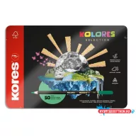   Színes ceruza készlet, háromszögletű, fém doboz, KORES "Kolores Selection", 50 különböző szín