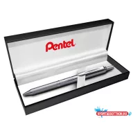   Zseléstoll, 0,35 mm, nyomógombos, ezüst tolltest, PENTEL "EnerGel BL-407" fekete, ajándék kék tollbetéttel