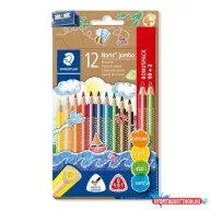   Színes ceruza készlet, háromszögletű, vastag, hegyezővel, STAEDTLER "Noris® Jumbo 128", 10+2 különböző szín