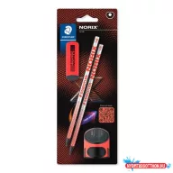   Grafitceruza készlet, hegyezővel, radírral, HB, STAEDTLER "Norix® 181", piros