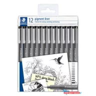  Tusfilc készlet, 12 különböző vonalvastagság, STAEDTLER "Pigment Liner 308", fekete