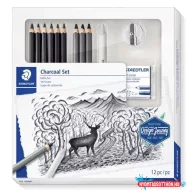   Grafit- és szénceruza készlet, kiegészítőkkel, 12 darabos, STAEDTLER "Mars® Lumograph® 100C"