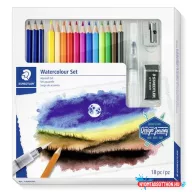   Akvarell ceruza készlet, ecsettel, radírral, hegyezővel, grafitceruzával, STAEDTLER® "146 10C", 12 különböző szín