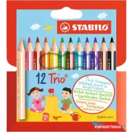   Színes ceruza készlet, háromszögletű, vastag, rövid, STABILO "Trio", 12 különböző szín