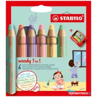   Színes ceruza készlet, kerek, vastag, STABILO "Woody 3 in 1 Pastel", 6 különböző pasztell szín