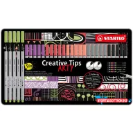  Tűfilc készlet, fém doboz, STABILO "Creative Tips ARTY", 6 különböző pasztell szín, 5 különböző vastagság