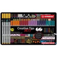   Tűfilc készlet, fém doboz, STABILO "Creative Tips ARTY", 10 különböző szín, 5 különböző vastagság