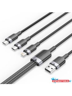   Vention USB-A 2.0/M -> USB-C/Lightning/Micro USB-B, 1,5m,(fekete,3A,3in1), kábel