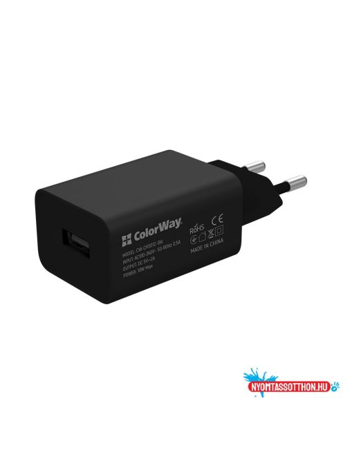 ColorWay AC töltő 1USB AUTO ID 2A (10W) fekete + C típusú kábel (CW-CHS012CC-BK)