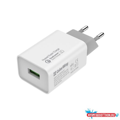 ColorWay AC töltő 1USB Huawei Super Charge/Quick Charge 3.0, 4A (20W) fehér (CW-CHS014Q-WT)