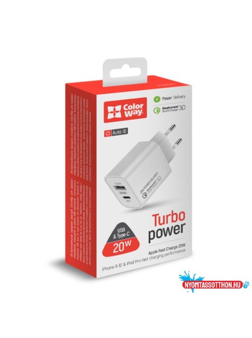 ColorWay USB töltő (C típusú PD+USB QC3.0) (20W) V2 fehér