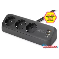   DIGITUS DA-70625 3 aljzatos 2x USB-A 1x USB-C fekete 1,5m asztali elosztó