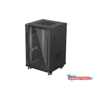   Lanberg FF01-6618-12B 19" 18U SZÉL:600mm MÉLY:600mm MAG:900mm lapraszerelt üvegajtós fekete álló rack szekrény
