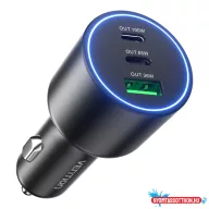   Vention USB-A+C*2 (3port,100/75/36W, fekete,szivargyújtós), töltő