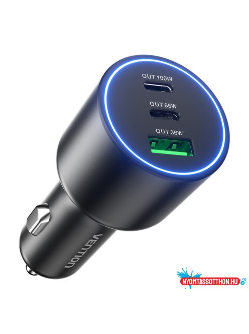 Vention USB-A+C*2 (3port,100/75/36W, fekete,szivargyújtós), töltő