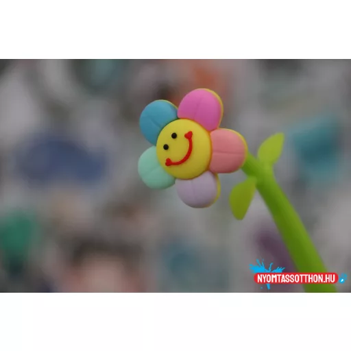 Mosolygós szivárvány virág fekete zselés toll, 0.5mm