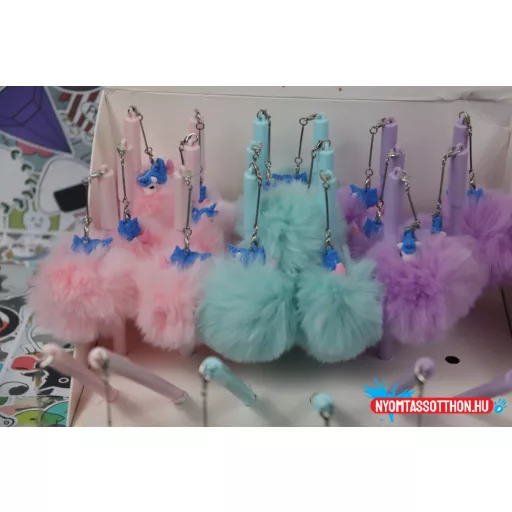 Színes pompom unikornis fekete zselés toll, 0.5mm
