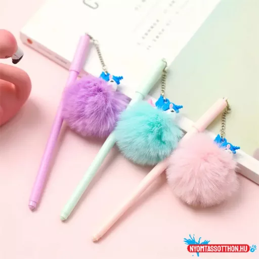 Színes pompom unikornis fekete zselés toll, 0.5mm