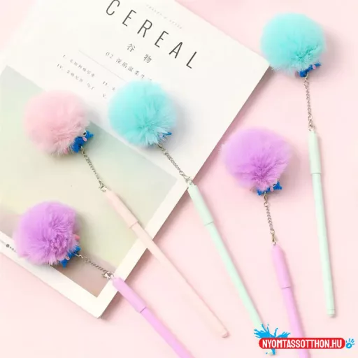 Színes pompom unikornis fekete zselés toll, 0.5mm