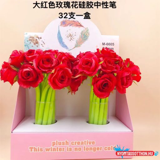 Vörös rózsa fekete zselés toll, 0.5mm