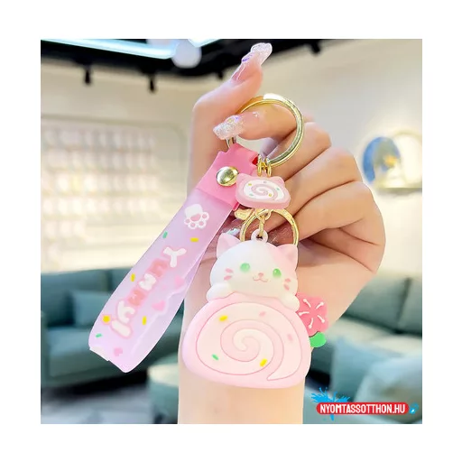 Cuki macska és sütitekercs kulcstartó