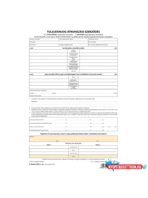 Tulajdonjog átruházási szerzõdés 4lapos garnitúra A.REND.3/2012
