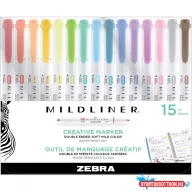   Szövegkiemelő készlet, 1,4/4 mm, kétvégű, Zebra Mildliner Highlighter, 15 különböző szín