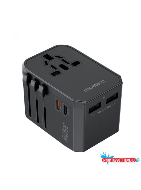 Choetech USB-C*2+A*2 (45W, fekete, travel, US,UK,EU,AU), töltő