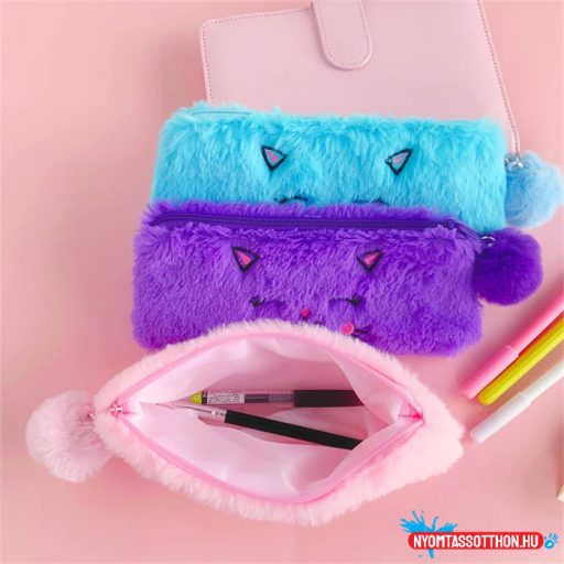 Mosolygós szőrös cicás tolltartó pompommal
