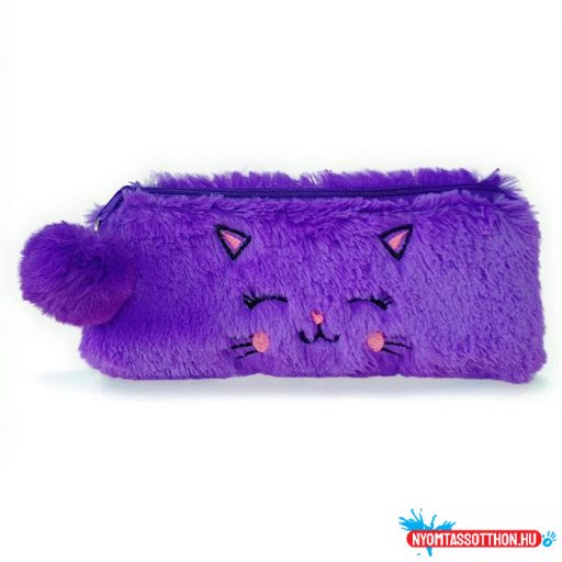 Mosolygós szőrös cicás tolltartó pompommal