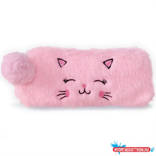 Mosolygós szőrös cicás tolltartó pompommal