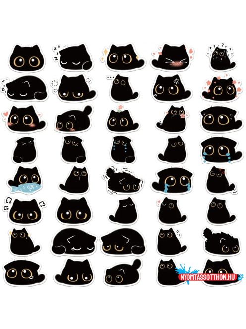 Matrica csomag, 40 db, fekete nagyszemű macska - rajz