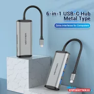   VENTION USB-C to USB3.0*3/TF/SD/PD Hub 0.15M Gray Aluminum Alloy Type