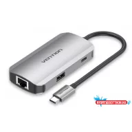   VENTION USB-C to USB3.0x3/RJ45/PD Hub 0.15M Gray Aluminum Alloy Type
