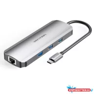  VENTION Multi-function USB-C to HDMI/USB3.0x3/RJ45/SD/TF/PD Dokkoló 0.15M Gray Aluminum Alloy Type