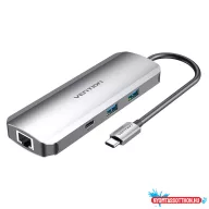  VENTION Multi-function USB-C to HDMI/USB-C Gen 1/USB3.0x2/RJ45/SD/TF/TRRS 3.5mm/PD Dokkoló 0.15M Gray Aluminum Alloy Type