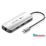   VENTION USB-C to HDMI/USB 3.0 x3/RJ45/PD Dokkoló 0.15M Gray Aluminum Alloy Type