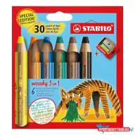 Színes ceruza STABILO Woody Tiger 3in1 hengeres vastag hegyezővel 6 darabos készlet
