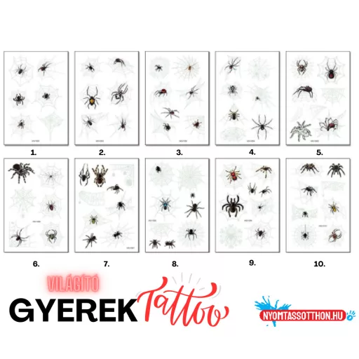 Világító gyerek tetoválás matrica - pók (többféle)