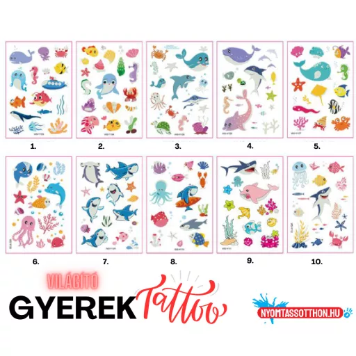 Világító gyerek tetoválás matrica - tengeri élővilág (többféle)